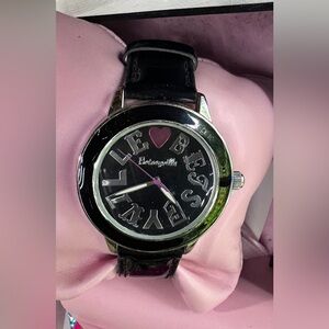 Betsey Johnson Black Patent Band Pink Heart Watch
